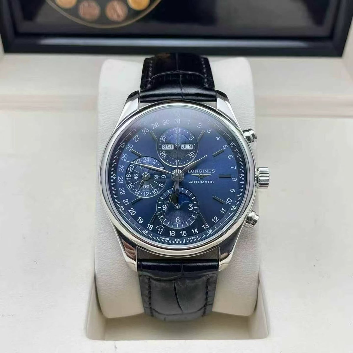 Longines Master Collection Men's Automatic Chronograph Moonphase Watch – 40mm Blue Dial & Blue Alligator Leather Strap – L2.673.4.92.0
