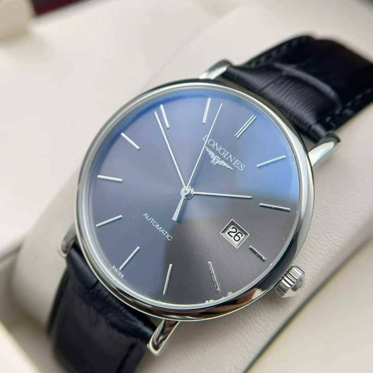 Longines Elegant Collection Men's Automatic Watch – 37mm Grey Dial, Stainless Steel Case & Black Alligator Leather Strap – L4.810.4.72.2