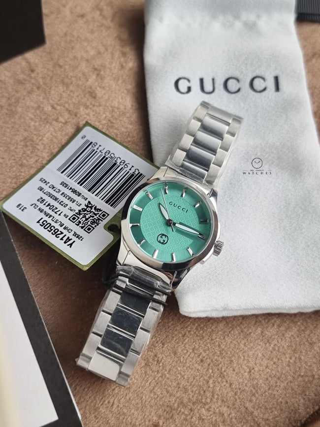Gucci G-Timeless Women's Quartz Watch – 27mm Tiffany Blue Dial & Silver Stainless Steel Bracelet – YA1265051 Hover Image