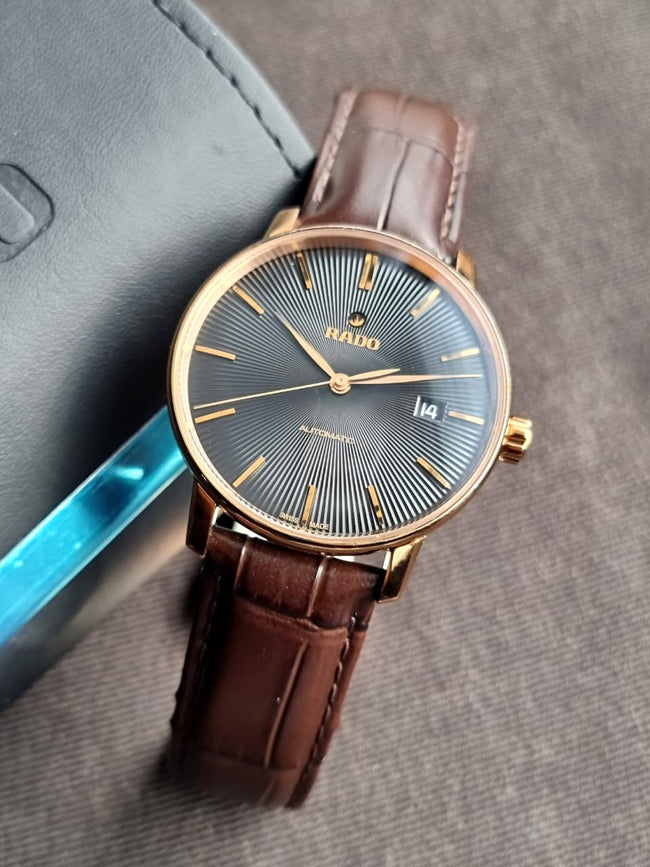 Rado Coupole Classic Men's Automatic Watch – 38mm Black Dial, Rose Gold-Tone Case & Black Leather Strap – R22861165 Hover Image