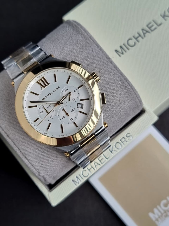Michael Kors Oversized Billie Men’s Chronograph Quartz Watch – 44mm White Dial & Two-Tone Stainless Steel Bracelet MK9221 Hover Image