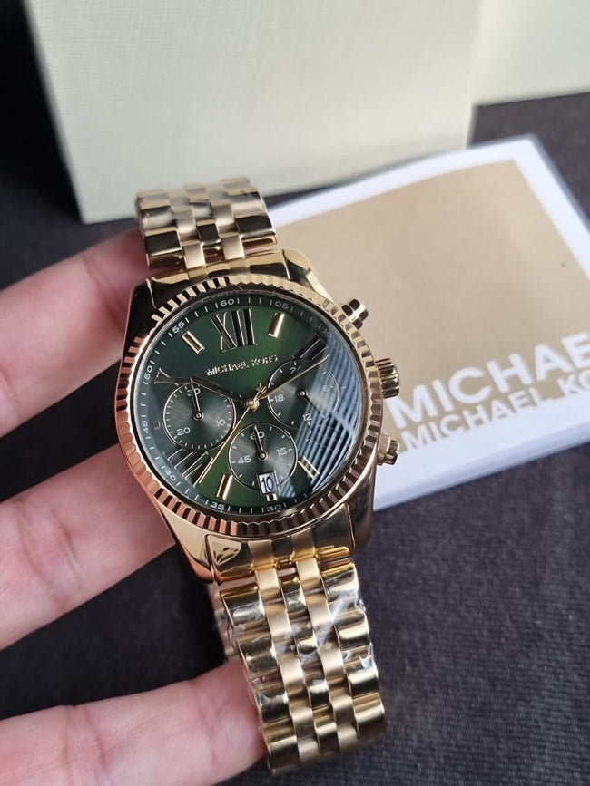 Michael Kors Lexington Women's Quartz Chronograph Watch – 38mm Green Dial & Gold-Tone Stainless Steel Bracelet MK4983 Hover Image