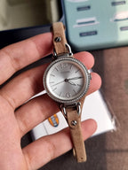 Fossil Georgia Women's Quartz Watch – 32mm Silver Dial, Crystal Bezel & Brown Leather Strap – ES3619
