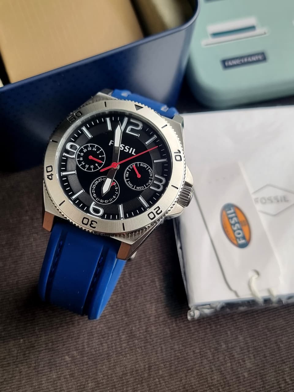 Fossil Gents Watch Blue Rubber strap 45mm Black Dial Cosmograph Watch