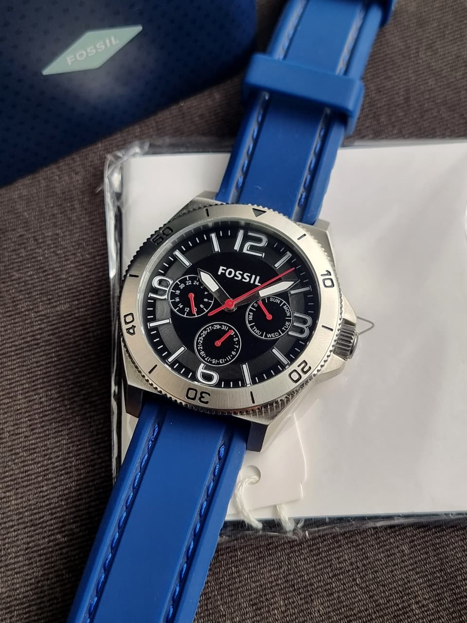 Fossil Gents Watch Blue Rubber strap 45mm Black Dial Cosmograph Watch