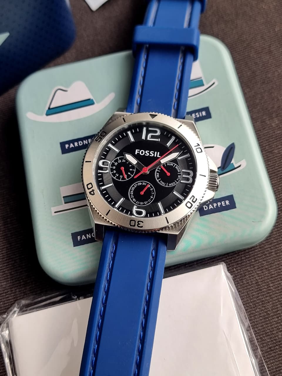 Fossil Gents Watch Blue Rubber strap 45mm Black Dial Cosmograph Watch