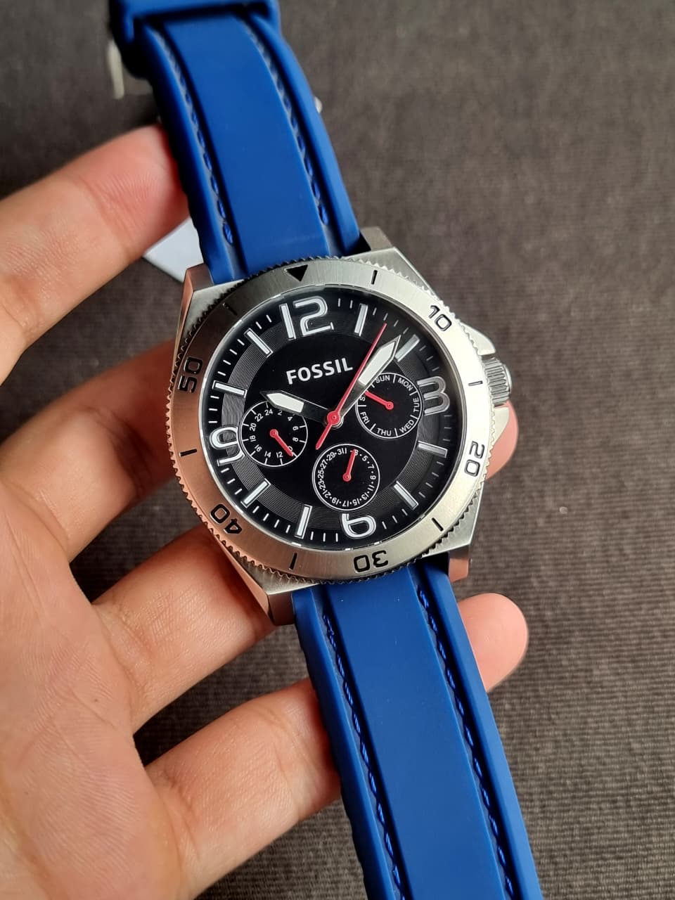 Fossil Gents Watch Blue Rubber strap 45mm Black Dial Cosmograph Watch