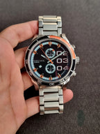 Diesel Men's Quartz Watch – Black Dial, Silver Stainless Steel Bracelet, Black & Orange Bezel, 50mm
