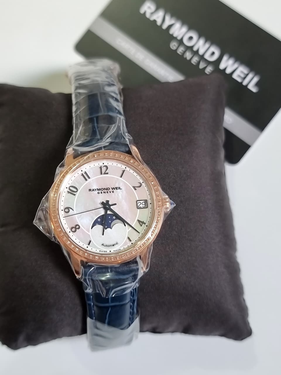 Raymond Weil Maestro Ladies Diamond Automatic Moon Phase Leather Strap Watch 34mm