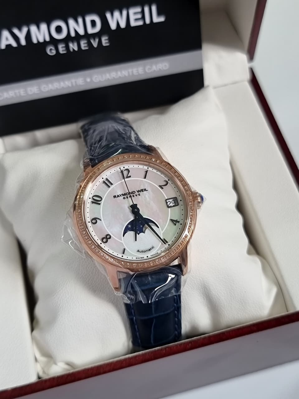 Raymond Weil Maestro Ladies Diamond Automatic Moon Phase Leather Strap Watch 34mm