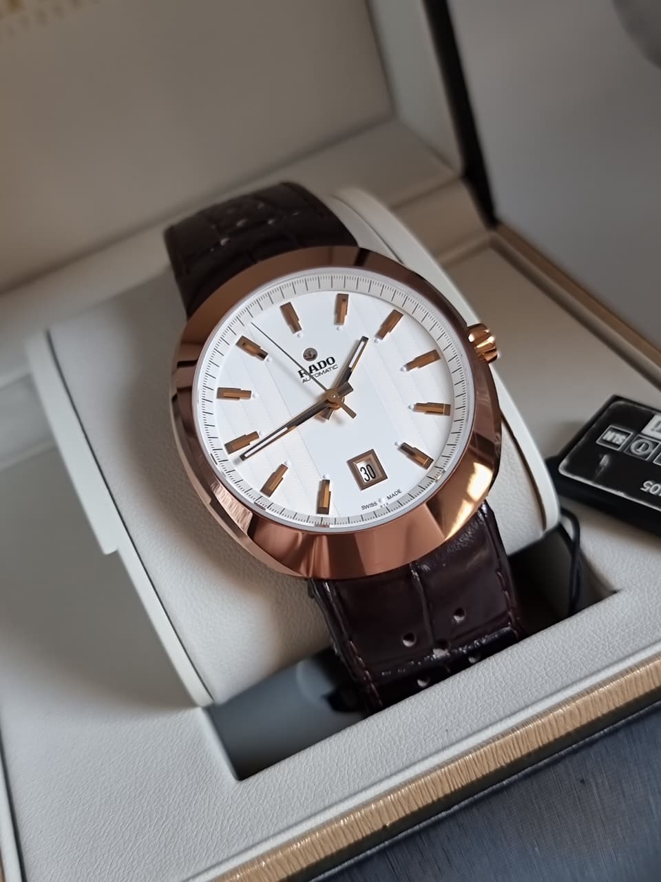 Rado D-Star Men's Automatic Watch – 42mm White Dial, Rose Gold-Plated Ceramos Case & Brown Leather Strap – R15516105