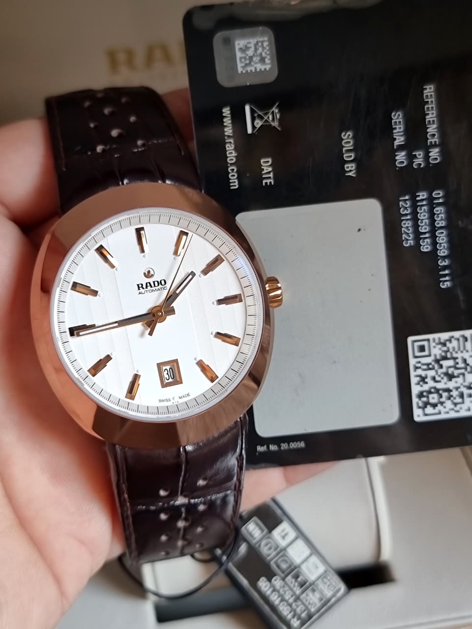 Rado D-Star Men's Automatic Watch – 42mm White Dial, Rose Gold-Plated Ceramos Case & Brown Leather Strap – R15516105