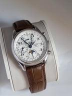 Longines Master Collection Men's Automatic Chronograph Moonphase Watch – 40mm Silver Barleycorn Dial & Brown Alligator Leather Strap – L2.673.4.78.3