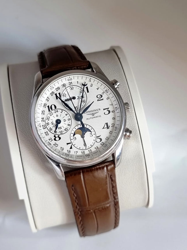 Longines Master Collection Men's Automatic Chronograph Moonphase Watch – 40mm Silver Barleycorn Dial & Brown Alligator Leather Strap – L2.673.4.78.3 Main Image