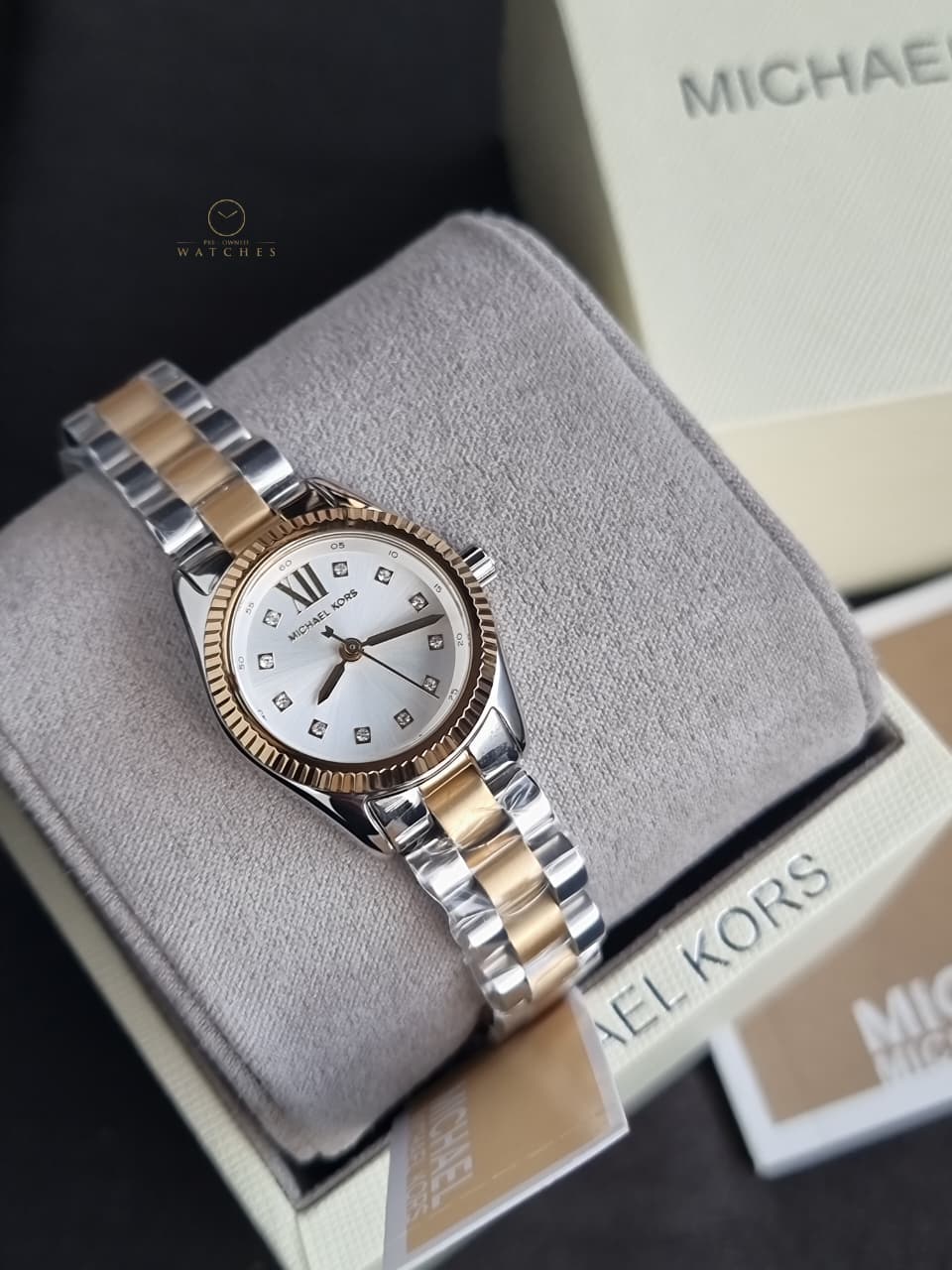 Michael Kors Mini Lexington Women's Quartz Watch – 28mm Silver Dial, Gold-Tone Fluted Bezel & Two-Tone Stainless Steel Bracelet – MK4953