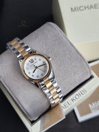 Michael Kors Mini Lexington Women's Quartz Watch – 28mm Silver Dial, Gold-Tone Fluted Bezel & Two-Tone Stainless Steel Bracelet – MK4953