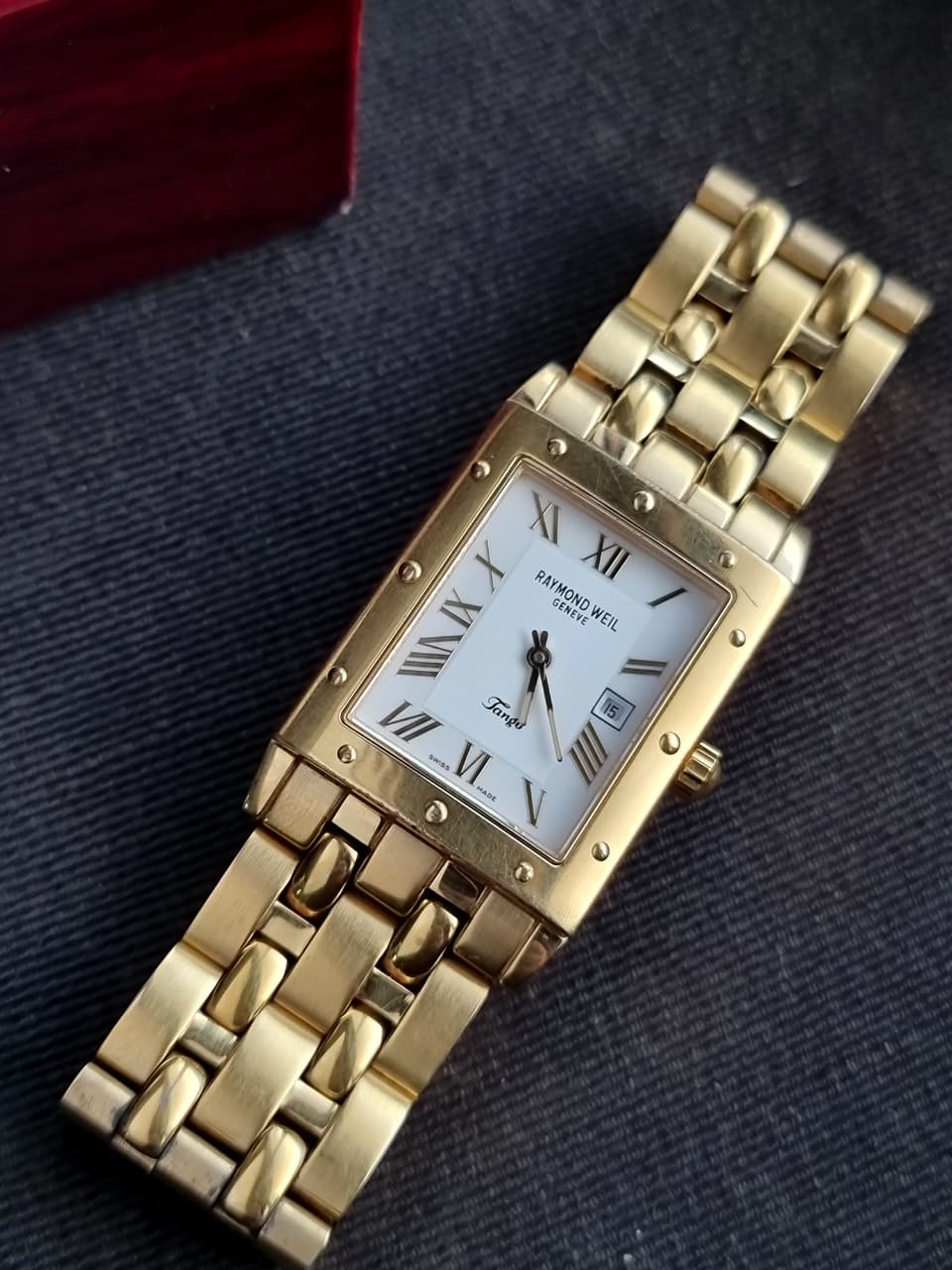 Raymond Weil Tango Men's Swiss Quartz Watch – 28mm × 35mm White Dial & Gold-Tone Stainless Steel Bracelet  5380