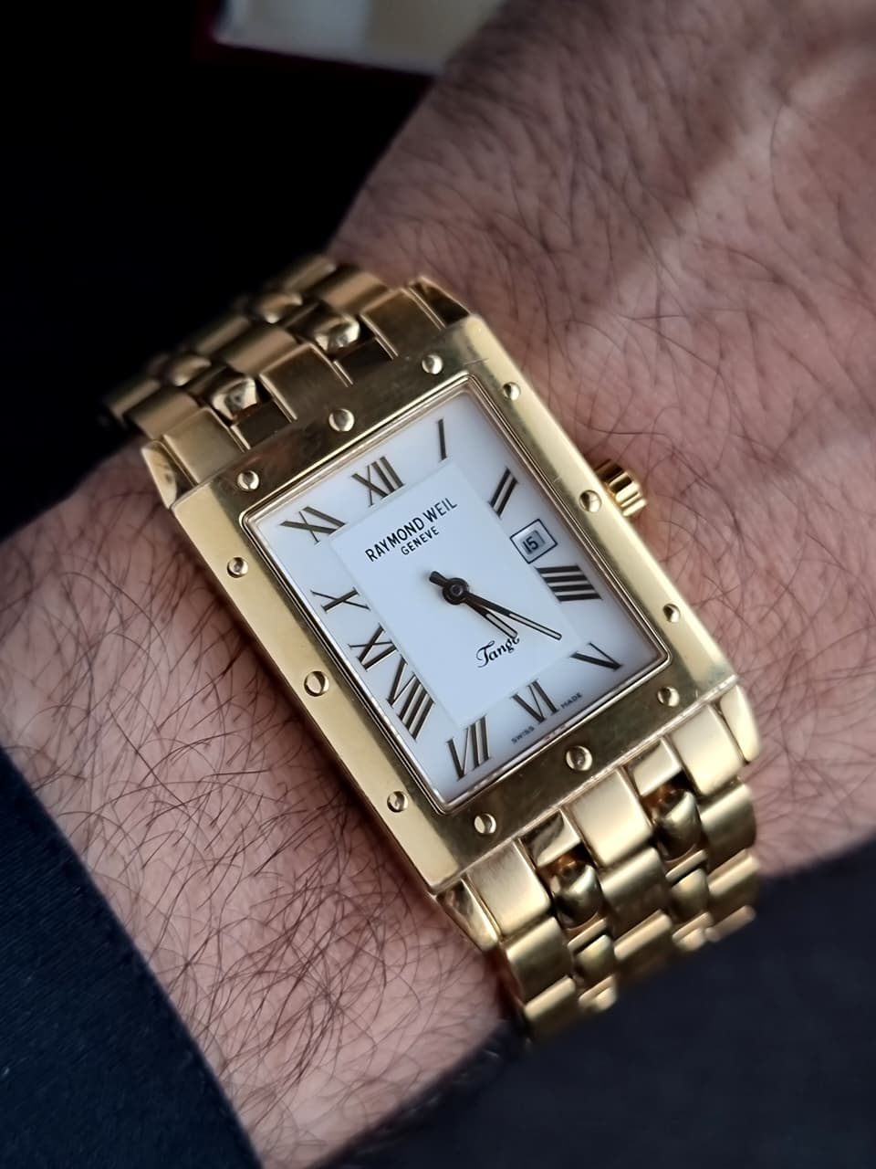 Raymond Weil Tango Men's Swiss Quartz Watch – 28mm × 35mm White Dial & Gold-Tone Stainless Steel Bracelet  5380