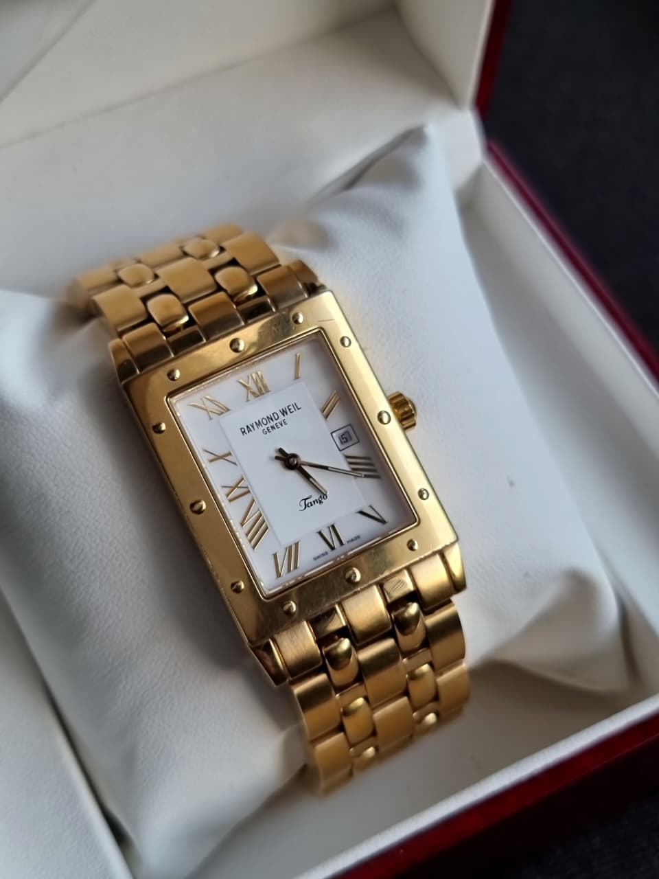 Raymond Weil Tango Men's Swiss Quartz Watch – 28mm × 35mm White Dial & Gold-Tone Stainless Steel Bracelet  5380
