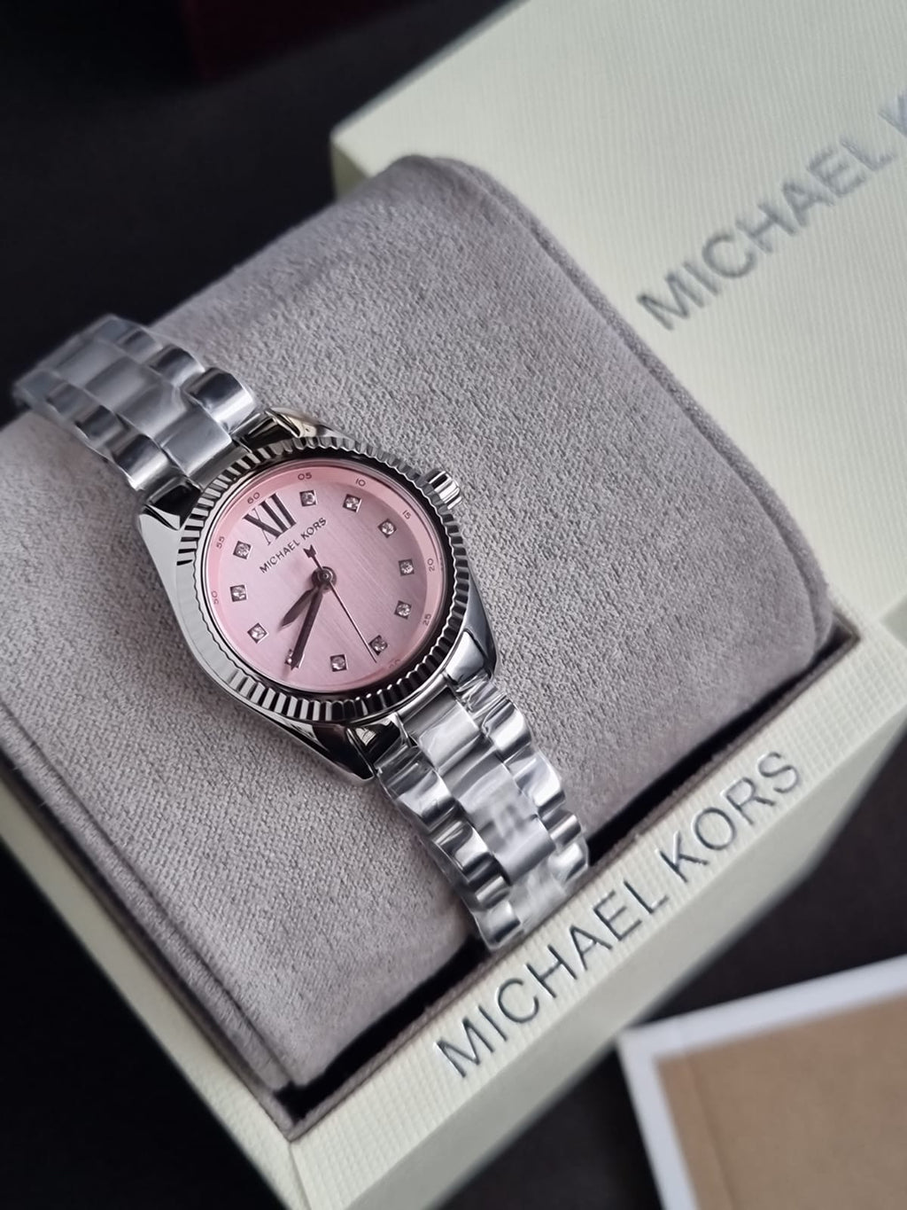 Michael Kors Lexington Petite Women's Quartz Watch – 26mm Pink Dial, Crystal Hour Markers & Silver Stainless Steel Bracelet – MK4996