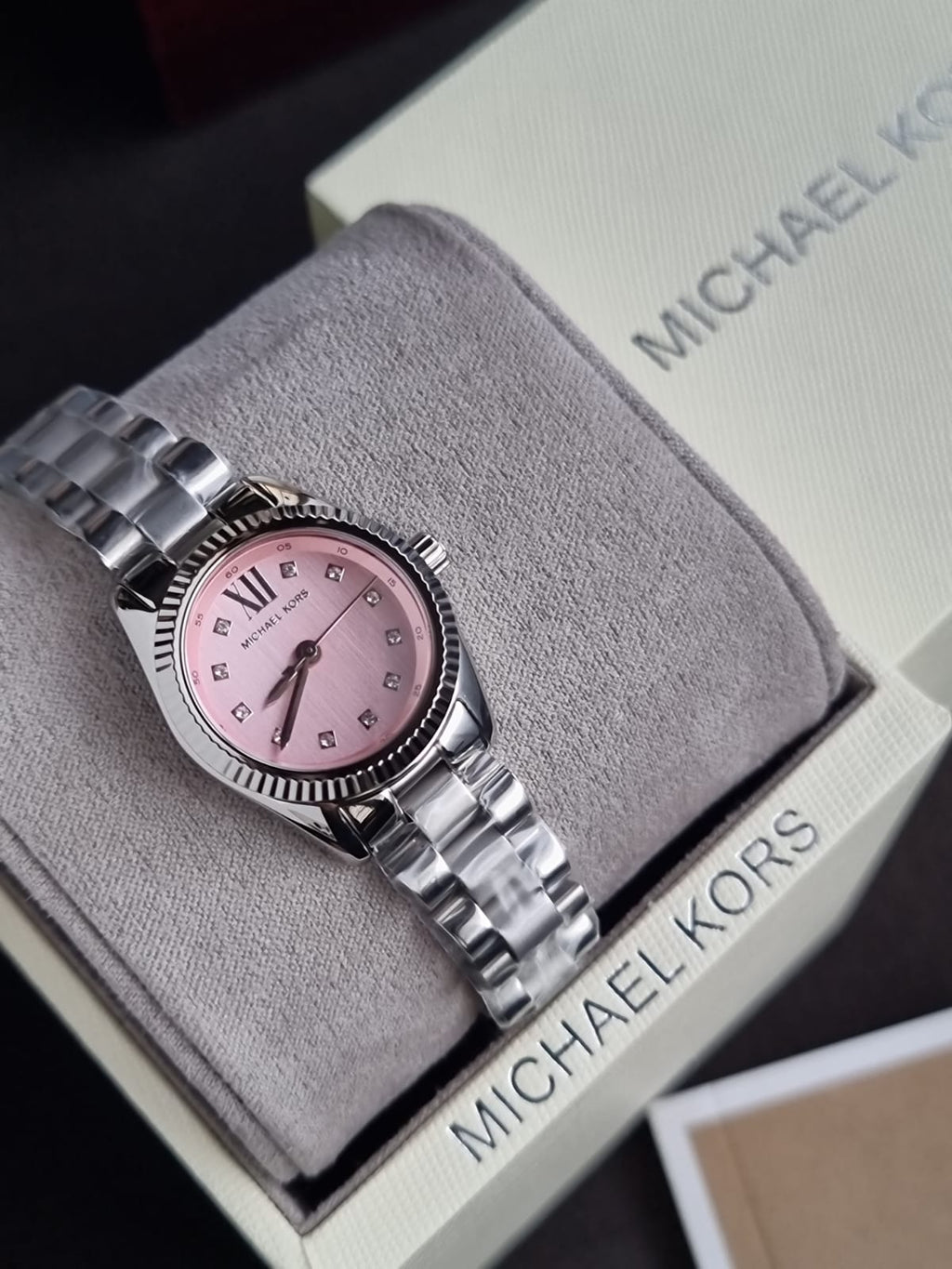 Michael Kors Lexington Petite Women's Quartz Watch – 26mm Pink Dial, Crystal Hour Markers & Silver Stainless Steel Bracelet – MK4996
