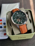 Fossil Townsman Men's Automatic Watch – 44mm Green Open-Heart Dial, Silver Stainless Steel Case & Brown Leather Strap – ME3265