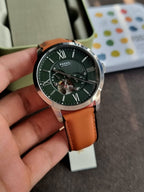 Fossil Townsman Men's Automatic Watch – 44mm Green Open-Heart Dial, Silver Stainless Steel Case & Brown Leather Strap – ME3265