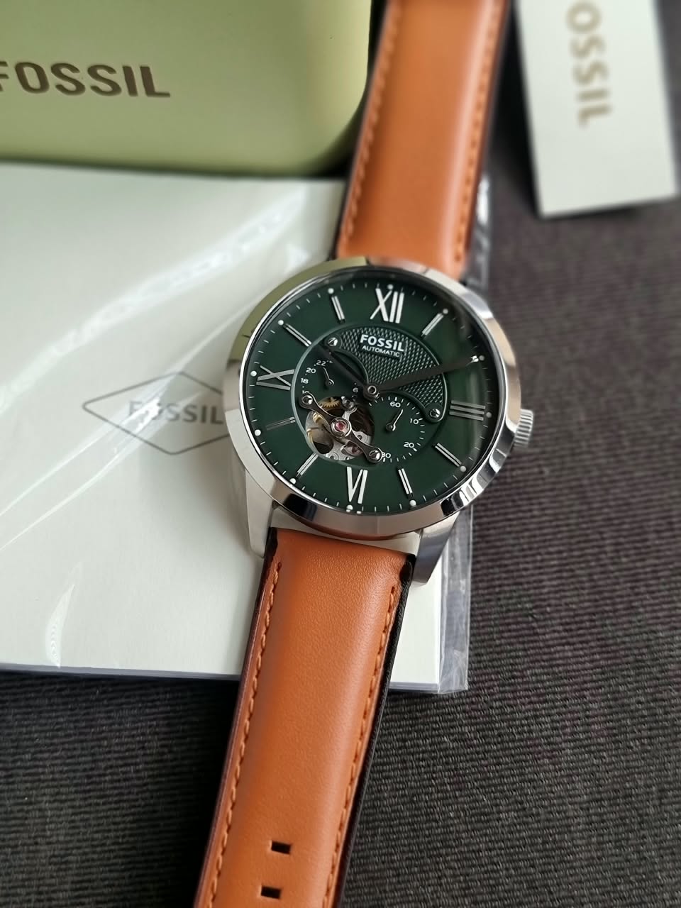Fossil Townsman Men's Automatic Watch – 44mm Green Open-Heart Dial, Silver Stainless Steel Case & Brown Leather Strap – ME3265