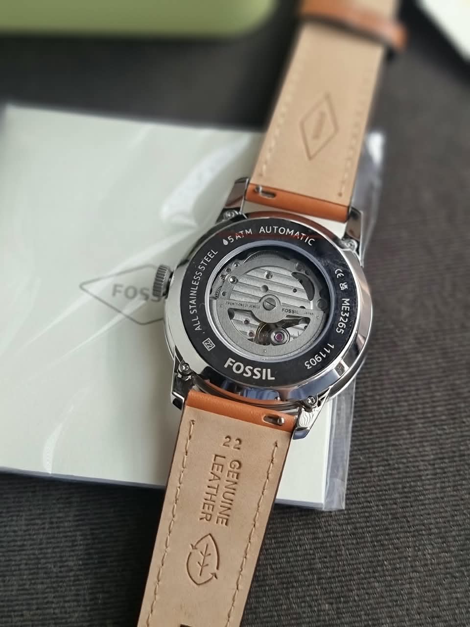 Fossil Townsman Men's Automatic Watch – 44mm Green Open-Heart Dial, Silver Stainless Steel Case & Brown Leather Strap – ME3265
