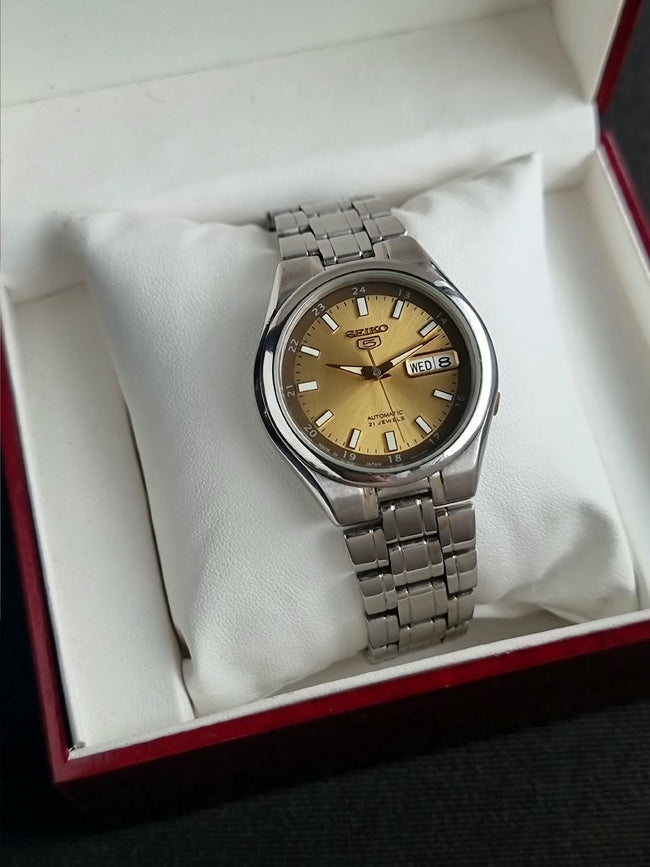 Seiko 5 Gents Watch 37mm Golden dial Automatic Watch Hover Image