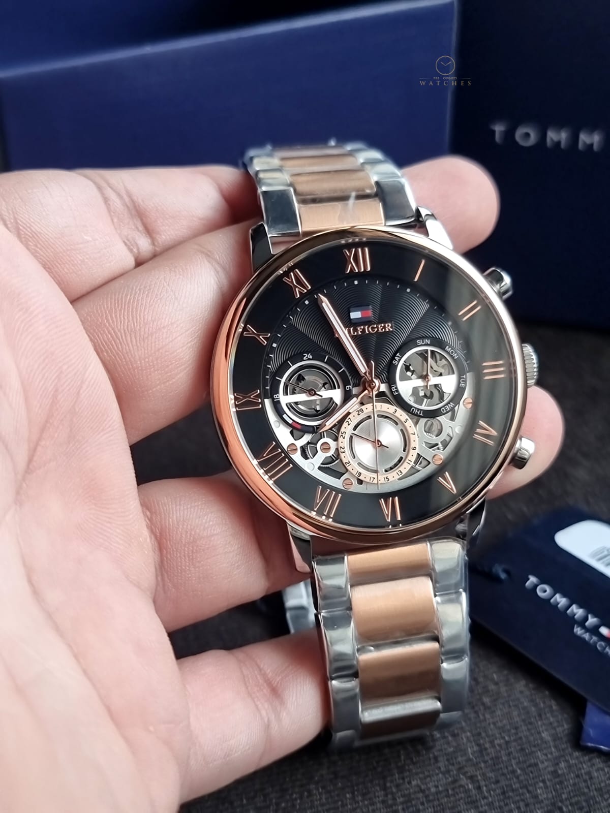 Tommy Hilfiger Legend 1710570 Black Skeleton Dial Two-Tone Stainless Steel Men's Quartz Watch