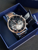 Tommy Hilfiger Legend 1710570 Black Skeleton Dial Two-Tone Stainless Steel Men's Quartz Watch