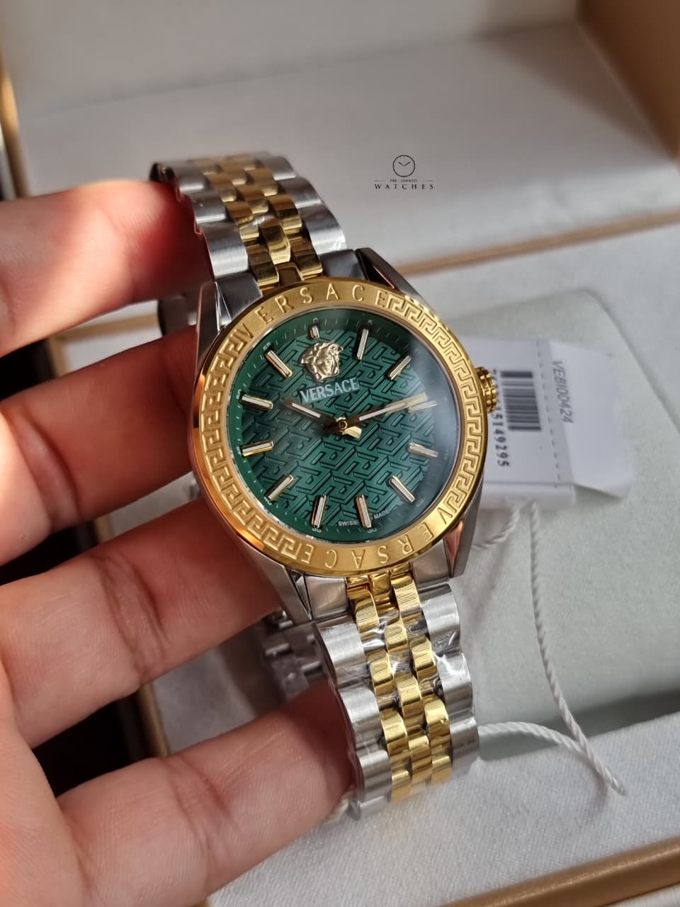 Versace V-Code VE8I00424 Green Dial Two-Tone Stainless Steel Women's Quartz Watch