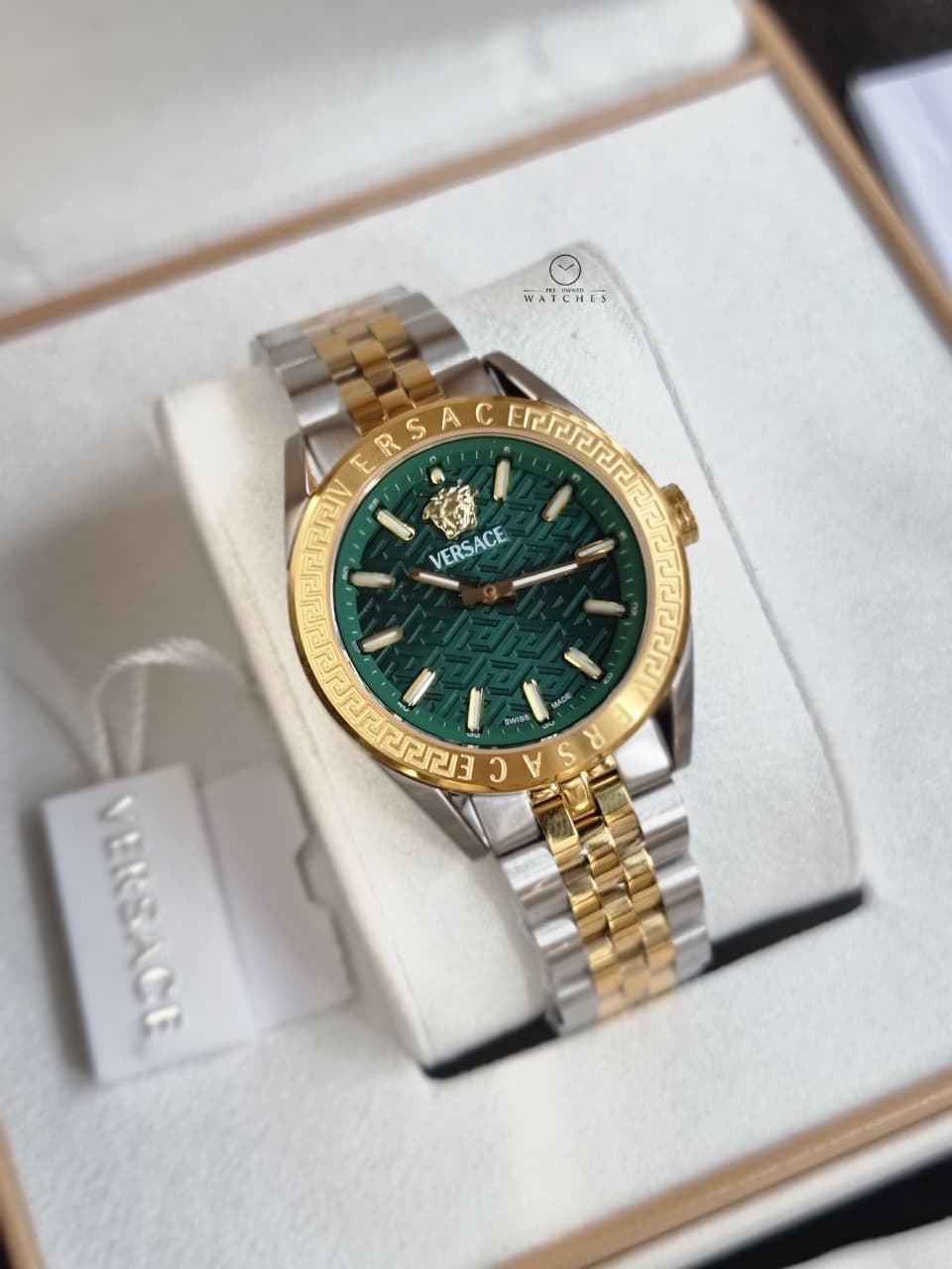 Versace V-Code VE8I00424 Green Dial Two-Tone Stainless Steel Women's Quartz Watch