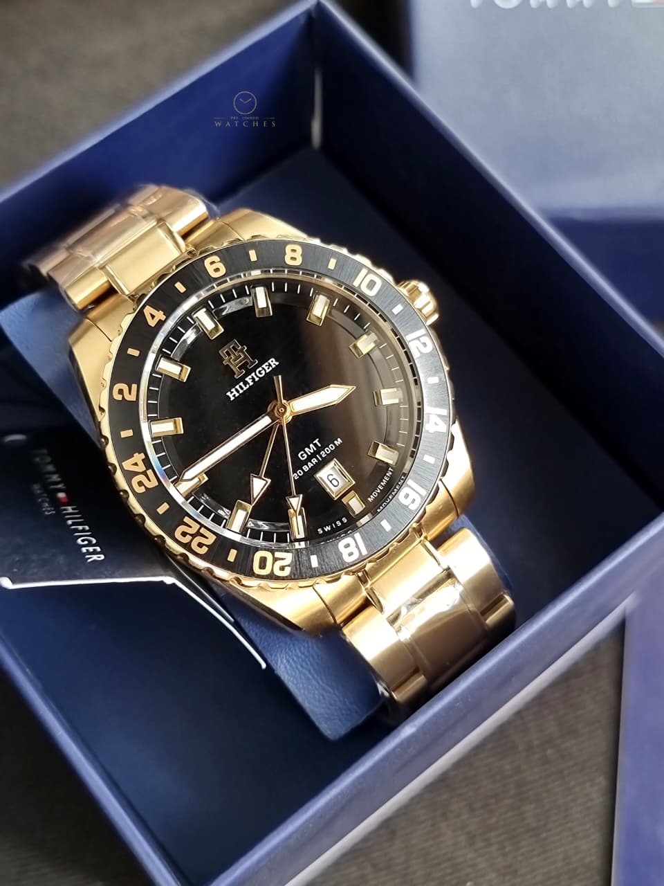 Tommy Hilfiger Gold Stainless Steel Black Dial Quartz Watch for Gents - Tommy Hilfiger 1792133