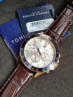 Tommy Hilfiger Luke Brown Leather Strap White Dial Chronograph Quartz Watch for Gents - 1791118