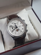 Longines Master Collection Men's Automatic Chronograph Moonphase Watch – 40mm Silver Barleycorn Dial & Brown Alligator Leather Strap – L2.673.4.78.3