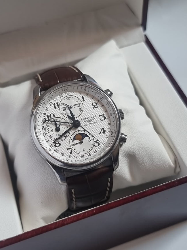 Longines Master Collection Men's Automatic Chronograph Moonphase Watch – 40mm Silver Barleycorn Dial & Brown Alligator Leather Strap – L2.673.4.78.3 Hover Image