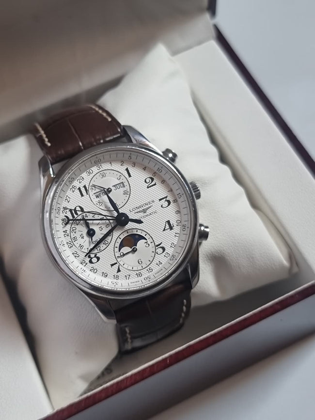 Longines Master Collection Men's Automatic Chronograph Moonphase Watch – 40mm Silver Barleycorn Dial & Brown Alligator Leather Strap – L2.673.4.78.3 Main Image