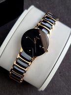 Rado Centrix Two-tone Ceramic Strap Black Dial Quartz Watch for Ladies - R30930712