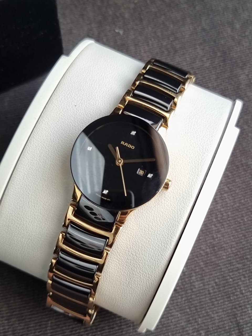 Rado Centrix Two-tone Ceramic Strap Black Dial Quartz Watch for Ladies - R30930712