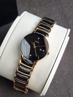 Rado Centrix Two-tone Ceramic Strap Black Dial Quartz Watch for Ladies - R30930712