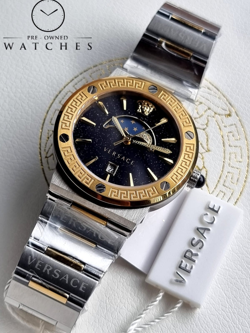 Versace Women’s Quartz Swiss Made Two Tone Stainless Steel Blue Dial 38mm Watch VE7G00223