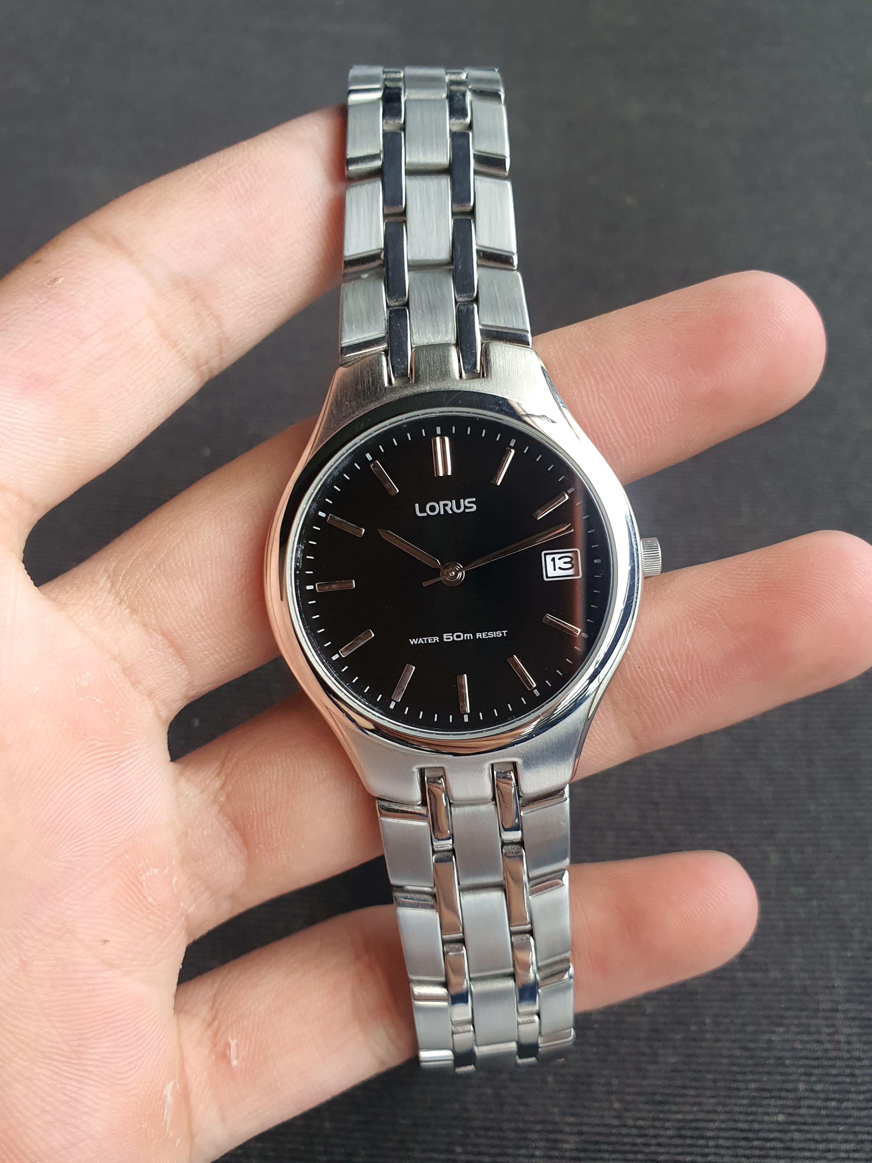 Lorus Sub Brand Of Seiko Gents Black Dial  Watch Silver Chain 35mm Quartz Watch RXH63DX9