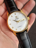 Binger Automatic Watch White Dial Black Leather Strap Golden Bezel Watch