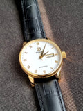 Binger Automatic Watch White Dial Black Leather Strap Golden Bezel Watch