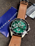 Tommy Hilfiger Men’s Quartz Brown Leather Strap Green Dial 46mm Watch 1791983