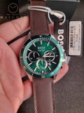 Hugo Boss Troper Brown Leather Strap Green Dial Chronograph Quartz Watch for Gents - 1514098