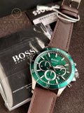 Hugo Boss Troper Brown Leather Strap Green Dial Chronograph Quartz Watch for Gents - 1514098