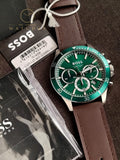 Hugo Boss Troper Brown Leather Strap Green Dial Chronograph Quartz Watch for Gents - 1514098